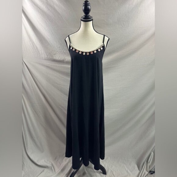 Boho Shell-Trimmed Maxi Slip Dress in Raven Black - Picture 8 of 9